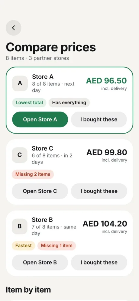 Compare prices screen